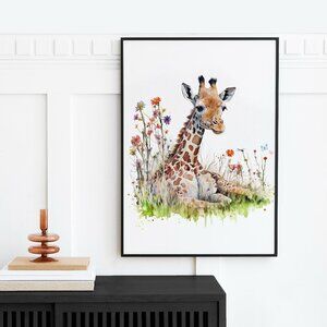 16x20‎ Giraffe Resting Wildflowers Dragonfly Watercolor Oil Painting Art Print